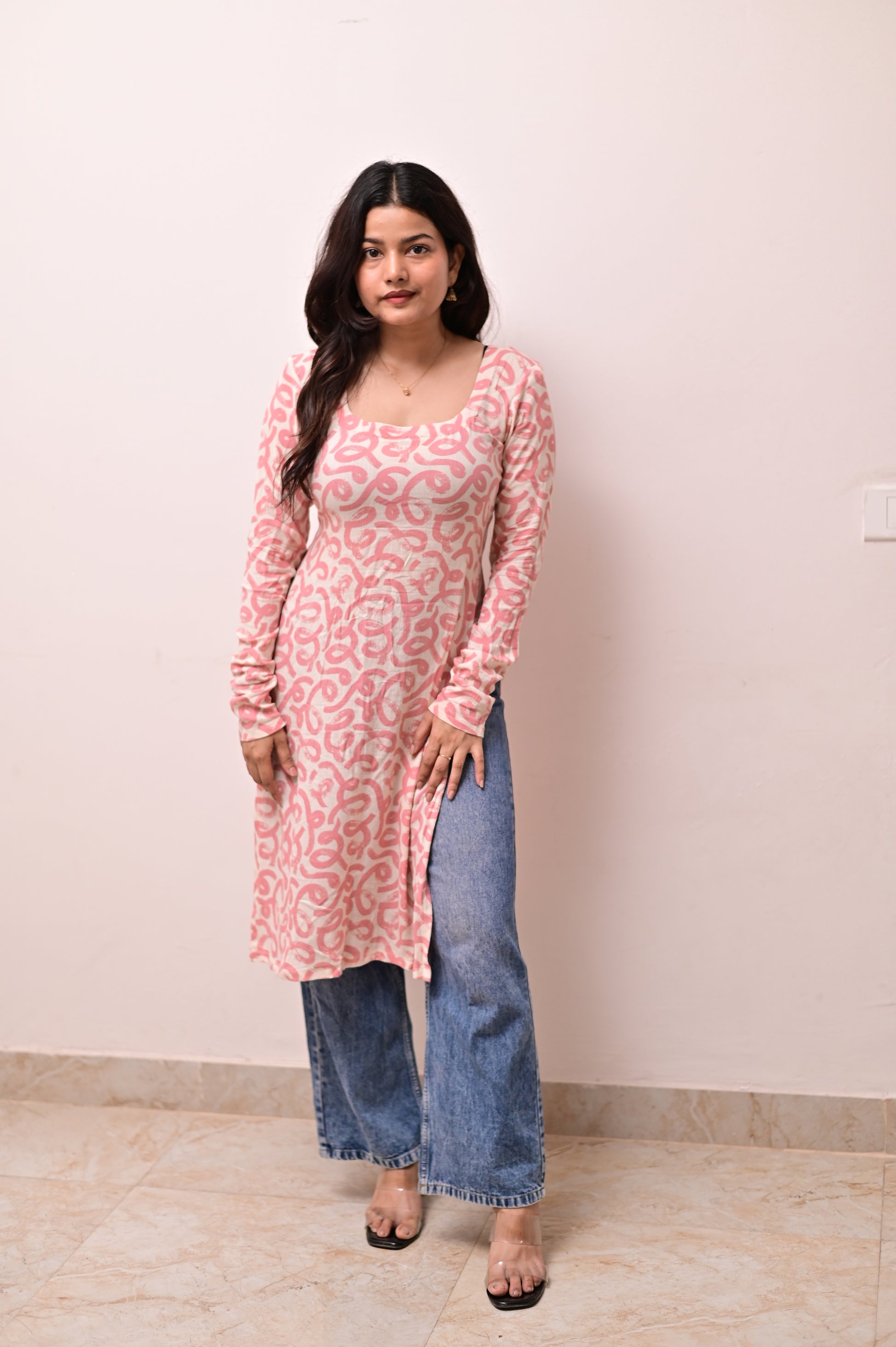 White-Pink Full Sleeves Long Kurti With Corset Back