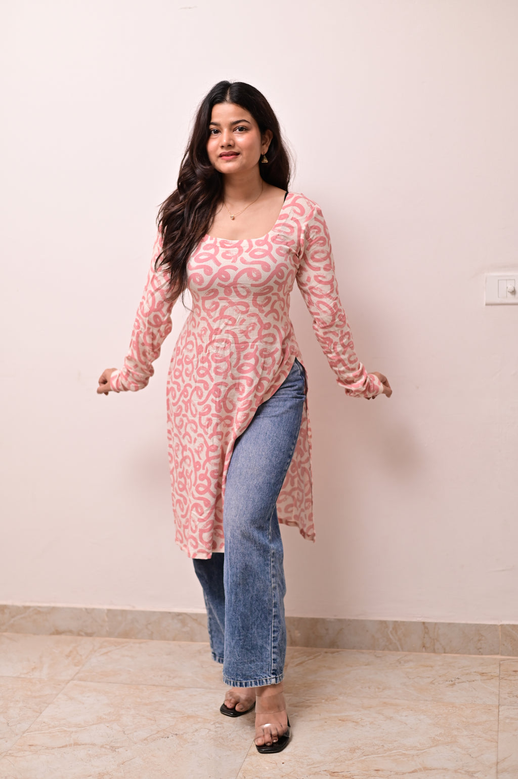 White-Pink Full Sleeves Long Kurti With Corset Back