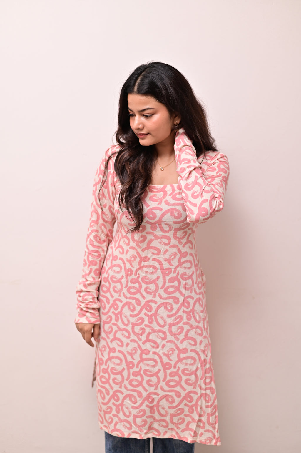 White-Pink Full Sleeves Long Kurti With Corset Back