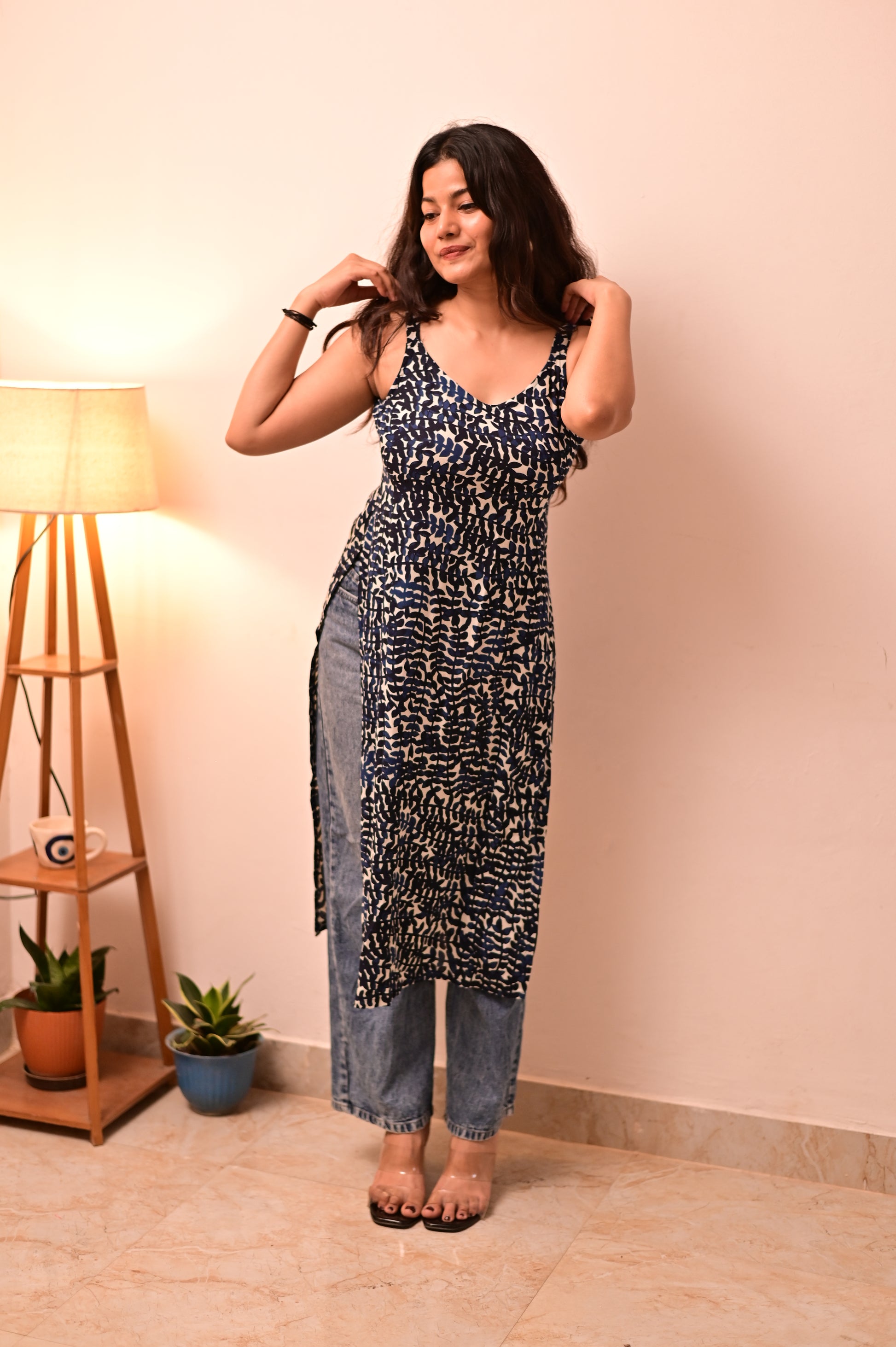 Blue Leafy Print strappy Long Kurti