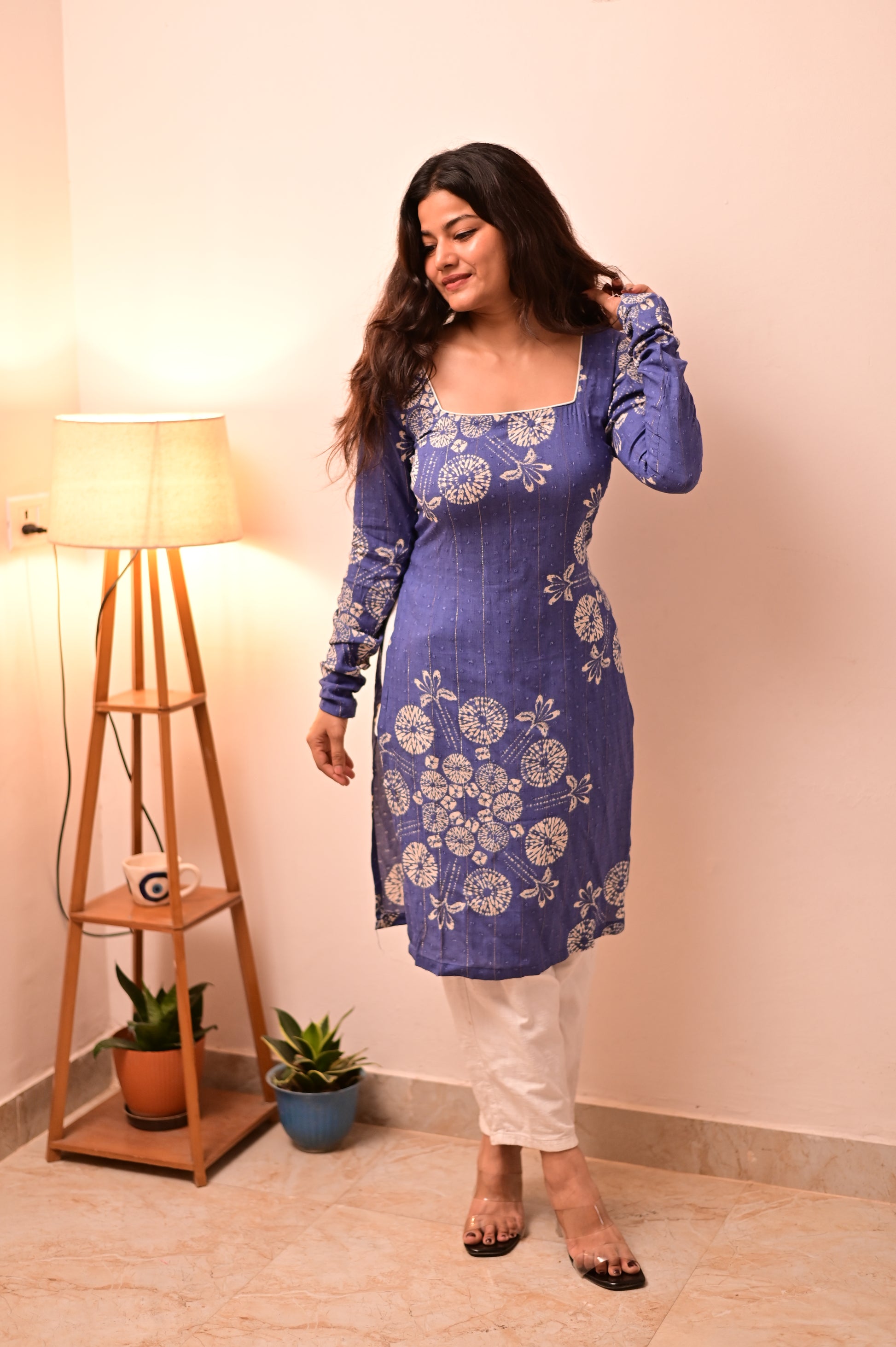 Blue-White Long Kurti With Corset Back