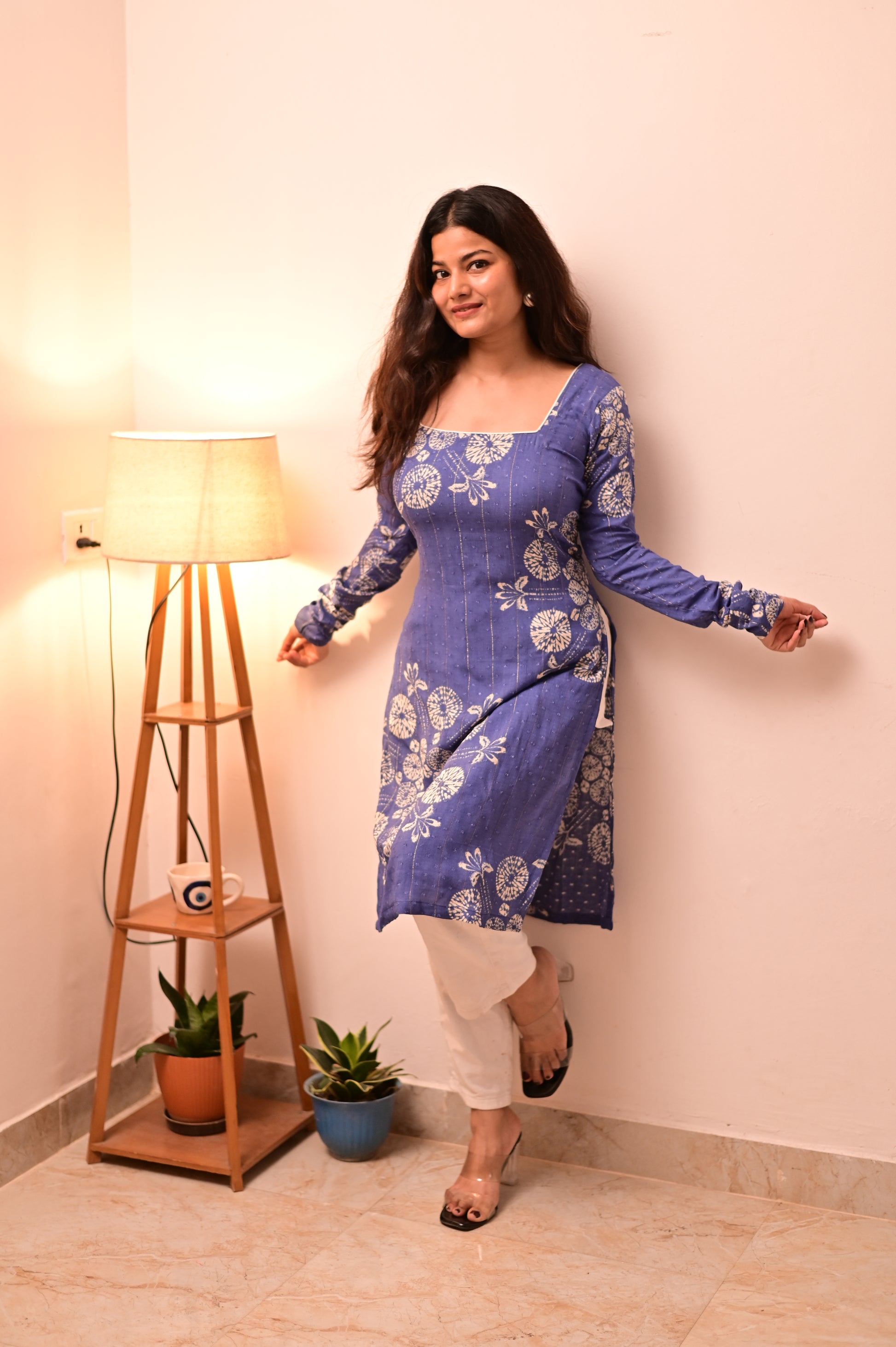 Blue-White Long Kurti With Corset Back
