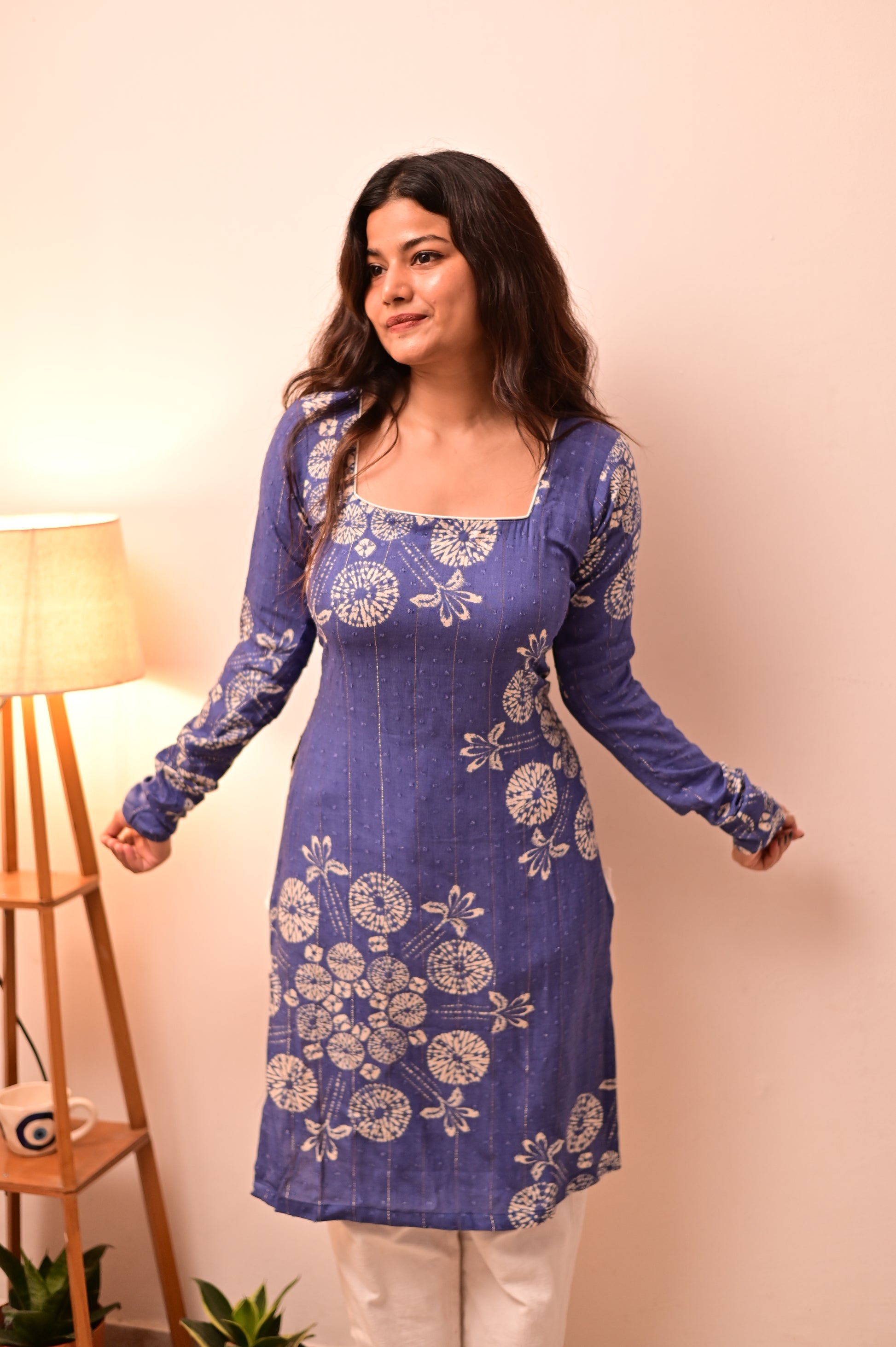 Blue-White Long Kurti With Corset Back