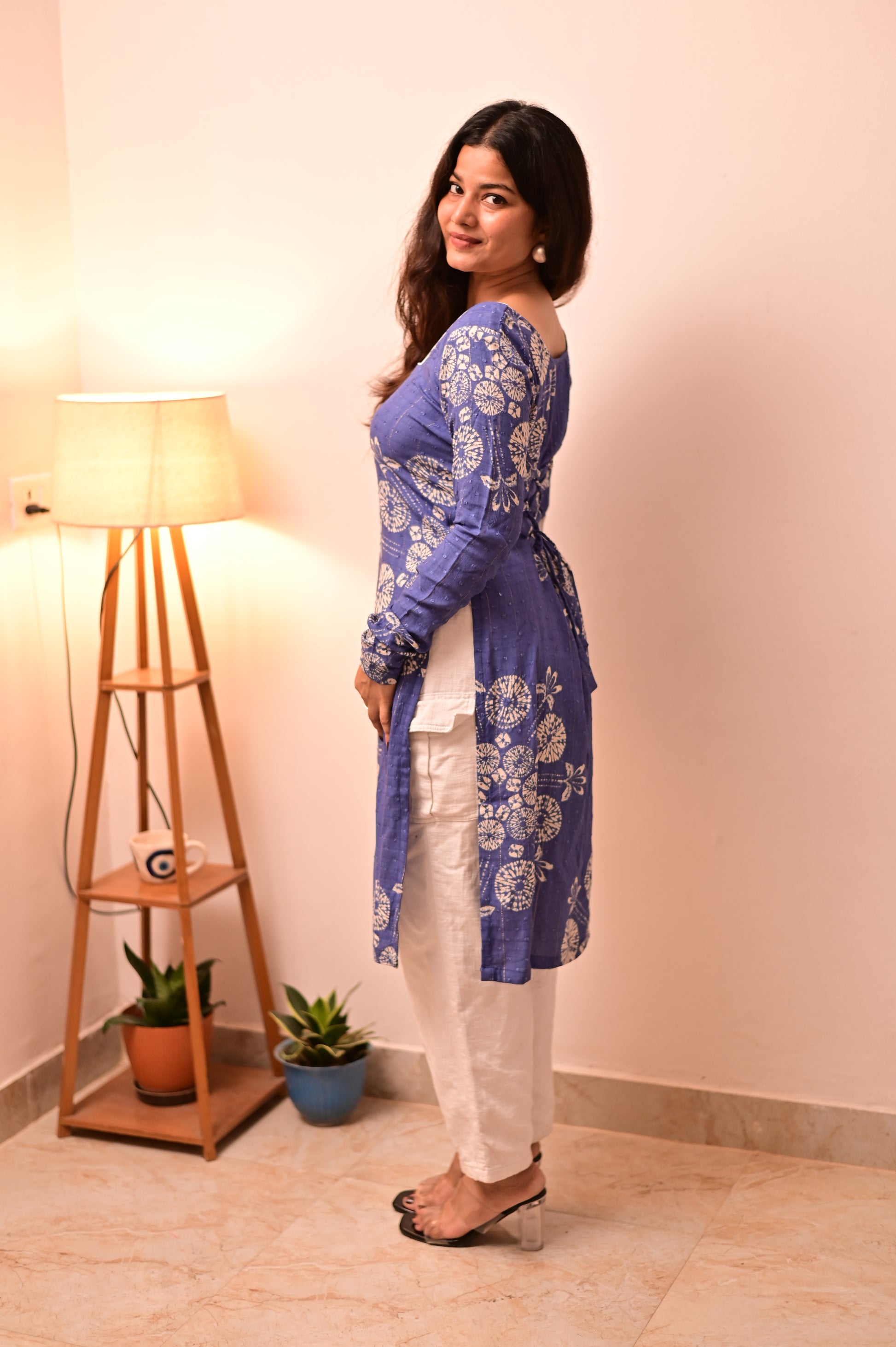 Blue-White Long Kurti With Corset Back