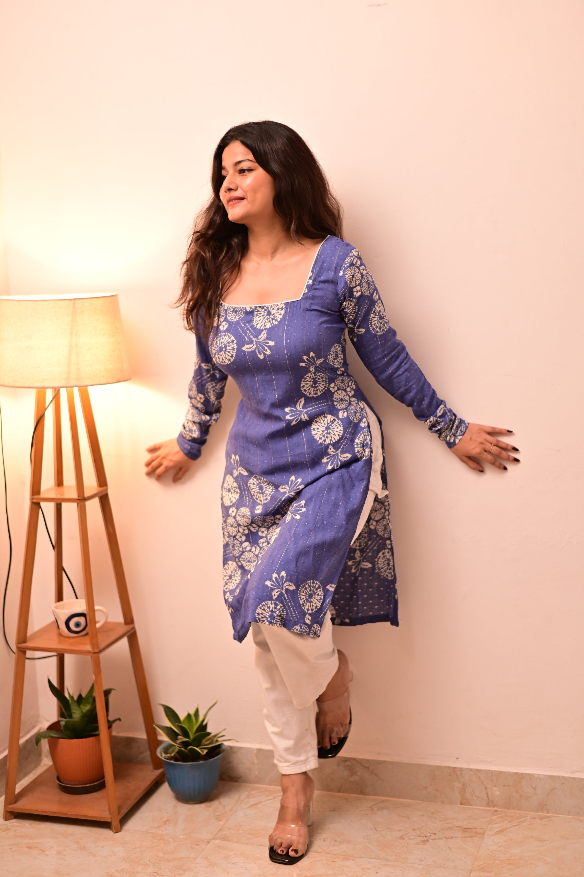 Blue-White Long Kurti With Corset Back