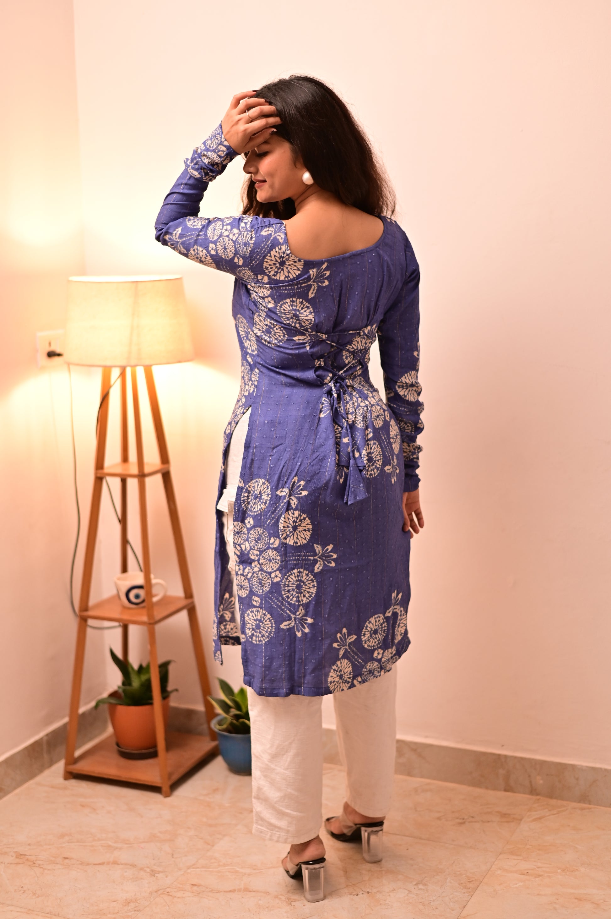 Blue-White Long Kurti With Corset Back