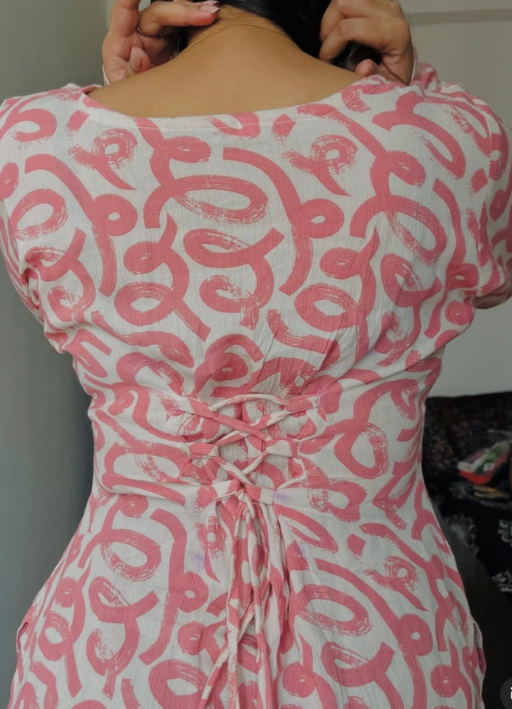 White-Pink Full Sleeves Long Kurti With Corset Back