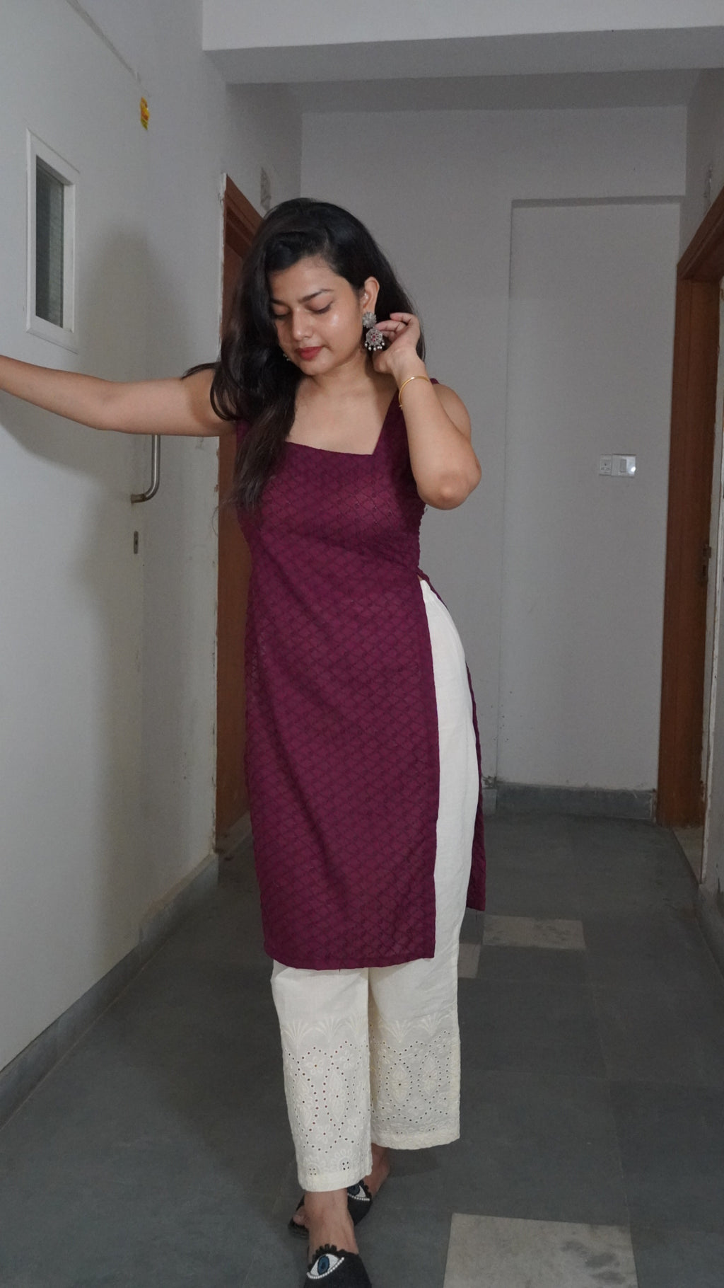 Wine chicken work kurti set (Kurti & Pant)