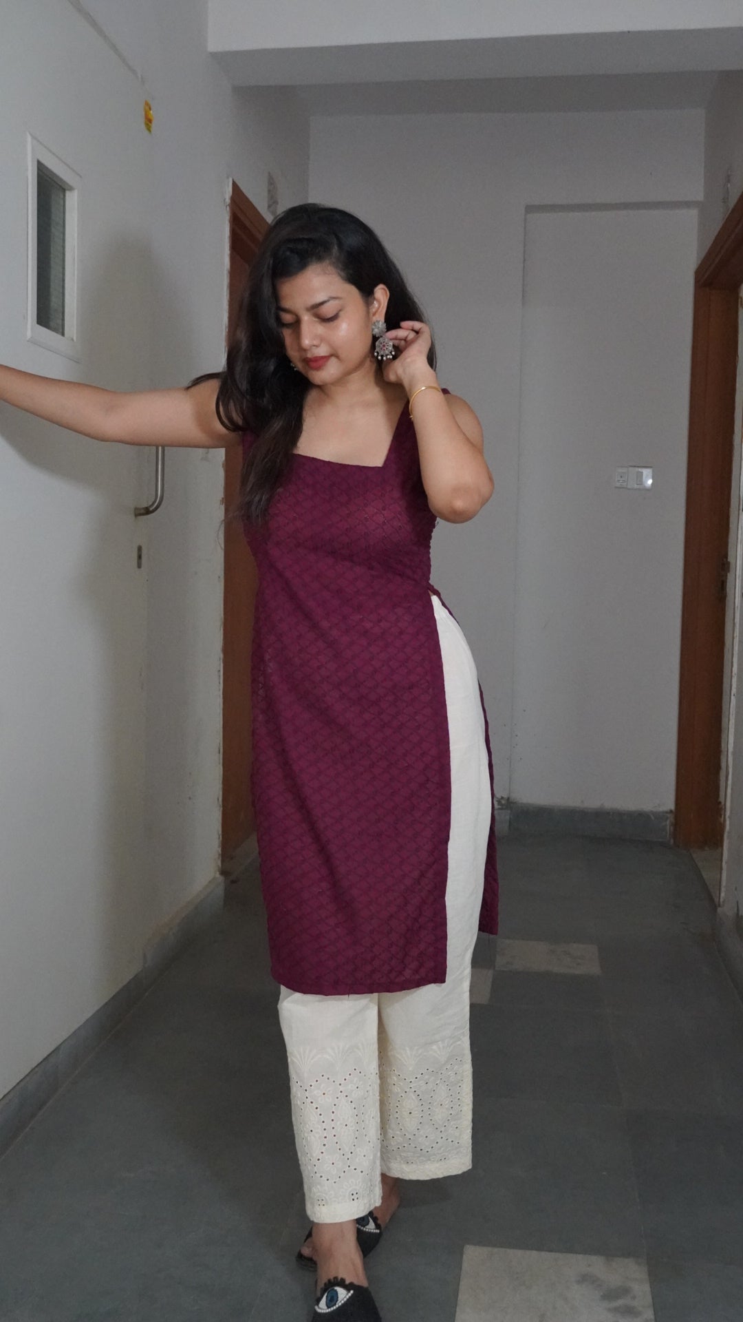 Wine chicken work kurti set (Kurti & Pant)