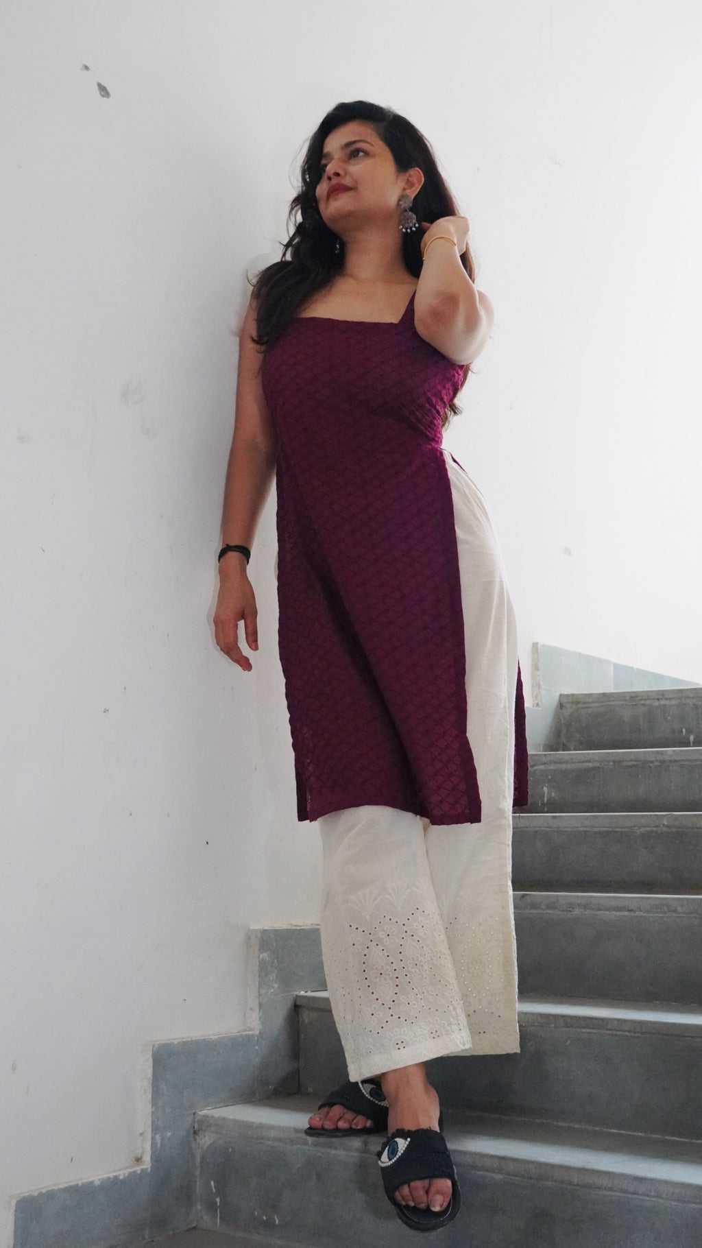 Wine chicken work kurti set (Kurti & Pant)