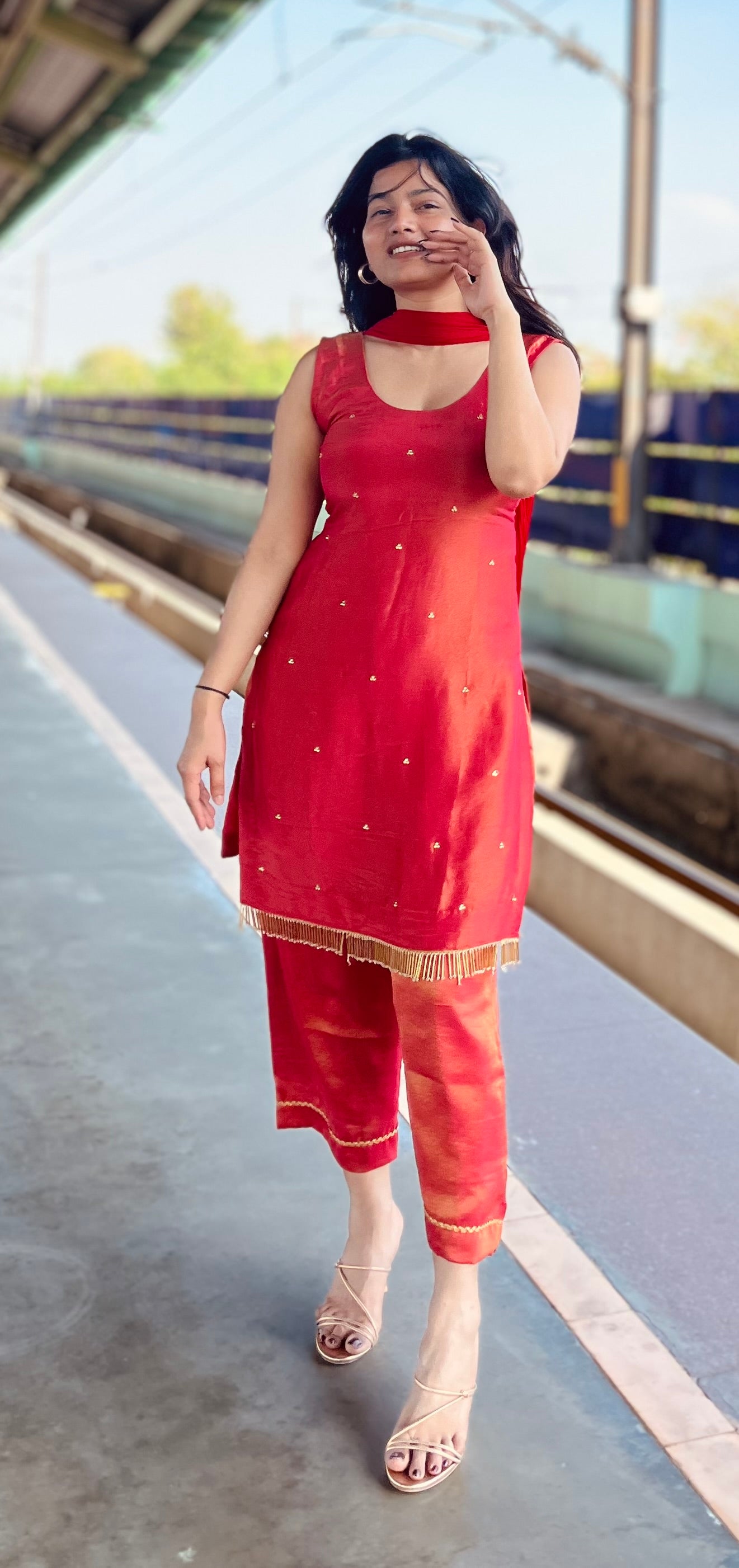 Red shimmer suit set
